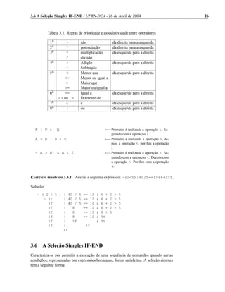 3.6 A Seleção Simples IF-END / UFRN-DCA - 26 de Abril de 2004                             26



           Tabela 3.1: Regras de prioridade e associatividade entre operadores

            1a       ~         não                    da direita para a esquerda
            2a       ^         potenciação            da direita para a esquerda
            3a       *         multiplicação          da esquerda para a direita
                     /         divisão
            4a       +         Adição                 da esquerda para a direita
                     -         Subtração
            5a       <         Menor que              da esquerda para a direita
                    <=         Menor ou igual a
                     >         Maior que
                    >=         Maior ou igual a
            6a      ==         Igual a                da esquerda para a direita
                 <> ou ˜=      Diferente de
            7a       &         e                      da esquerda para a direita
            8a       |         ou                     da esquerda para a direita




  K | P &        Q                            ←−Primeiro é realizada a operação &. Se-
                                                guindo com a operação |.
  A > B | D < E                               ←−Primeiro é realizada a operação >, de-
                                                pois a operação <, por ﬁm a operação
                                                |.
  ~(A > B) & A < 2                            ←−Primeiro é realizada a operação >. Se-
                                                guindo com a operação ~. Depois com
                                                a operação <. Por ﬁm com a operação
                                                &.


Exercício resolvido 3.5.1. Avaliar a seguinte expressão: ~(2<5)|40/5==10&6+2>5.

Solução:
    ~ ( 2 < 5 ) | 40 / 5 == 10 & 6 +              2   >   5
       ~ %t     | 40 / 5 == 10 & 6 +              2   >   5
         %f     | 40 / 5 == 10 & 6 +              2   >   5
         %f     |   8    == 10 & 6 +              2   >   5
         %f     |   8    == 10 & 8 >              5
         %f     |   8    == 10 & %t
         %f     |   %f         & %t
         %f     |         %f
                &f



3.6    A Seleção Simples IF-END
Caracteriza-se por permitir a execução de uma sequência de comandos quando certas
condições, representadas por expressões booleanas, forem satisfeitas. A seleção simples
tem a seguinte forma:
 