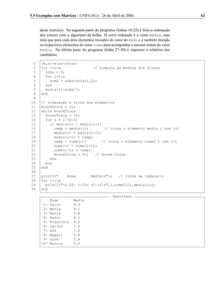 5.5 Exemplos com Matrizes / UFRN-DCA - 26 de Abril de 2004                              62


     deste exercício. Na segunda parte do programa (linhas 10-25) é feita a ordenação
     dos vetores com o algoritmo da bolha. O vetor ordenado é o vetor media, mas
     note que para cada dois elementos trocados do vetor do media é também trocado
     os respectivos elementos do vetor nome para acompanhar a mesma ordem do vetor
     media. Na última parte do programa (linha 27-30) é impresso o relatório dos
     candidatos.

 1    [m,n]=size(nota);
 2    for i=1:m               // Computa as medias dos alunos
 3      soma = 0;
 4      for j=1:n
 5        soma = soma+nota(i,j);
 6      end
 7      media(i)=soma/3;
 8    end
 9
10    // ordenação e troca dos elementos
11    HouveTroca = %t;
12    while HouveTroca
13      HouveTroca = %f;
14      for i = 1:(m-1)
15        if media(i) < media(i+1)
16          temp = media(i);        // troca o elemento media i com i+1
17          media(i) = media(i+1);
18          media(i+1) = temp;
19          temp = nome(i);        // troca o elemento nome2 i com i+1
20          nome(i) = nome(i+1);
21          nome(i+1) = temp;
22          HouveTroca = %t;   // Houve troca
23        end
24      end
25    end
26
27    printf("    Nome       Median");   // linha de cabeçario
28    for i=1:m
29      printf("%2.0f- %-10s %3.1fn",i,nome2(i),media(i));
30    end
                                                 Resultado
            Nome         Media
       1-   Paulo        9.3
       2-   Maria        9.1
       3-   Marta        8.8
       4-   Pedro        8.2
       5-   Francisco    8.0
       6-   Carlos       7.8
       7-   Ana          7.0
       8-   Magali       5.9
       9-   José         5.8
      10-   Marcos       5.0
 