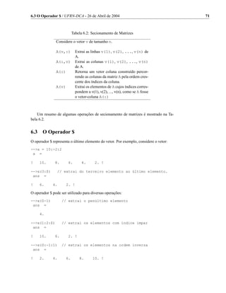 6.3 O Operador $ / UFRN-DCA - 26 de Abril de 2004                                     71



                           Tabela 6.2: Secionamento de Matrizes

               Considere o vetor v de tamanho n.

               A(v,:)        Extrai as linhas v(1), v(2), ..., v(n) de
                             A.
               A(:,v)        Extrai as colunas v(1), v(2), ..., v(n)
                             de A.
               A(:)          Retorna um vetor coluna construído percor-
                             rendo as colunas da matriz A pela ordem cres-
                             cente dos índices da coluna.
               A(v)          Extrai os elementos de A cujos índices corres-
                             pondem a v(1), v(2), ..., v(n), como se A fosse
                             o vetor-coluna A(:)



    Um resumo de algumas operações de secionamento de matrizes é mostrado na Ta-
bela 6.2.


6.3    O Operador $
O operador $ representa o último elemento do vetor. Por exemplo, considere o vetor:
-->x = 10:-2:2
 x =

!     10.     8.       6.        4.      2. !

-->x(3:$)       // extrai do terceiro elemento ao último elemento.
 ans =

!     6.     4.       2. !

O operador $ pode ser utilizado para diversas operações:
-->x($-1)          // extrai o penúltimo elemento
 ans =

      4.

-->x(1:2:$)        // extrai os elementos com índice impar
 ans =

!     10.     6.       2. !

-->x($:-1:1)       // extrai os elementos na ordem inversa
 ans =

!     2.     4.       6.       8.       10. !
 