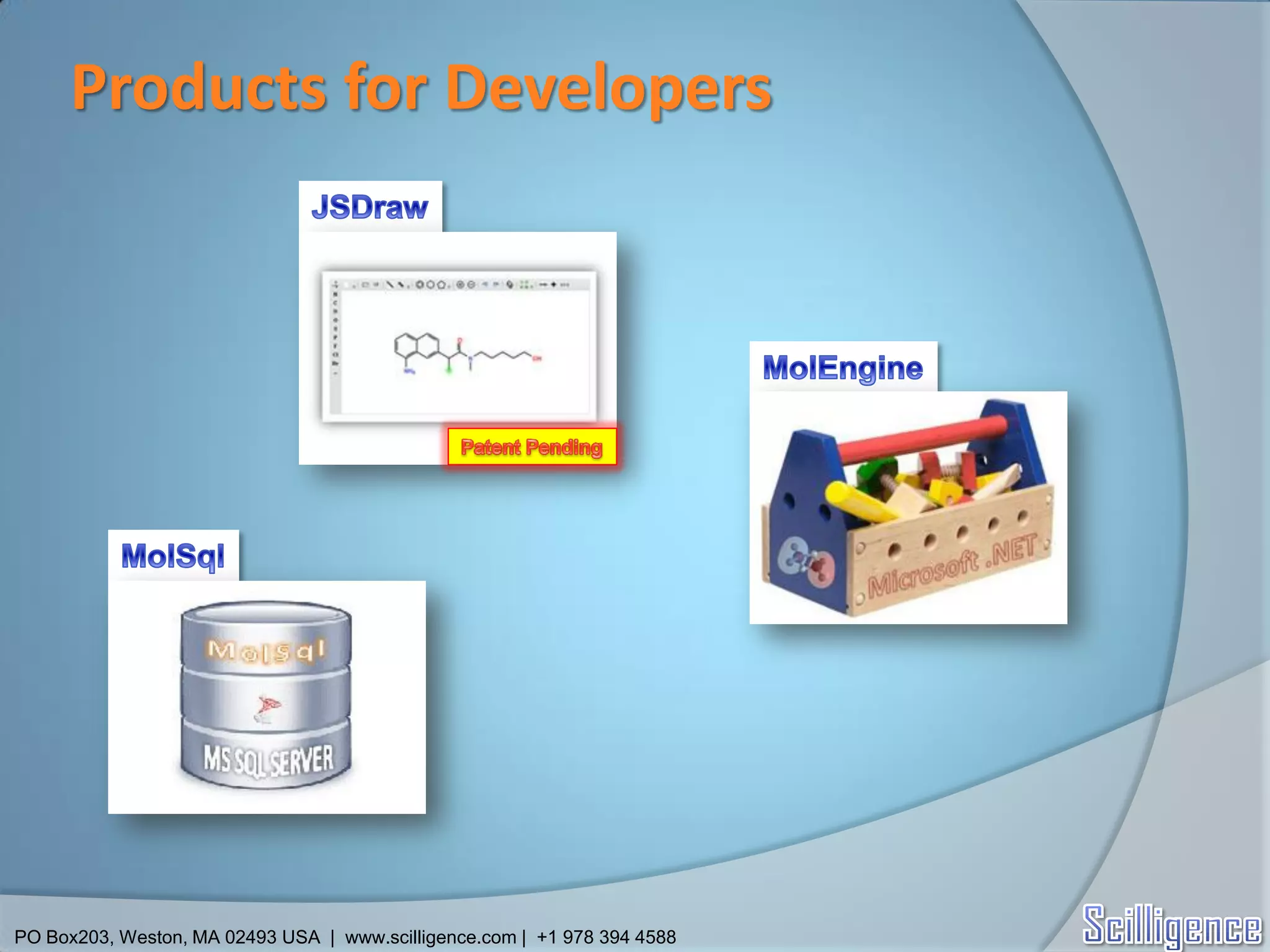 Products for Developers




PO Box203, Weston, MA 02493 USA | www.scilligence.com | +1 978 394 4588
 