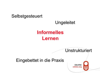 Selbstgesteuert
                      Ungeleitet

            Informelles
              Lernen

                              Unstrukturiert

  Eingebettet in die Praxis
 
