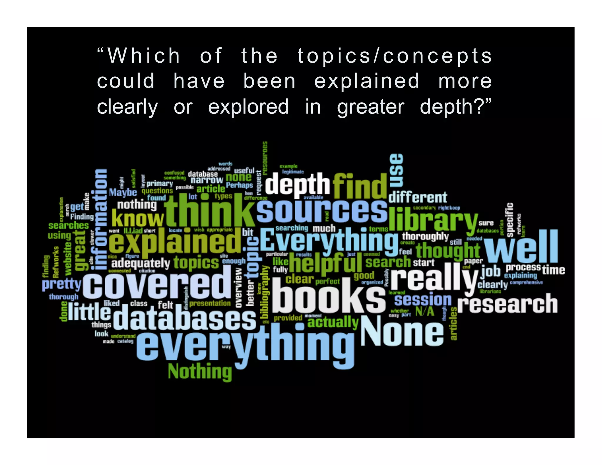 “Which of the topics/concepts
could have been explained more
clearly or explored in greater depth?”
 