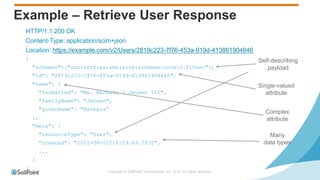 Copyright © SailPoint Technologies, Inc. 2016 All rights reserved.
Example – Retrieve User Response
HTTP/1.1 200 OK
Content-Type: application/scim+json
Location: https://example.com/v2/Users/2819c223-7f76-453a-919d-413861904646
{
"schemas":["urn:ietf:params:scim:schemas:core:2.0:User"],
"id": "2819c223-7f76-453a-919d-413861904646",
"name": {
"formatted": "Ms. Barbara J Jensen III",
"familyName": "Jensen",
"givenName": "Barbara“
},
"meta": {
"resourceType": "User",
"created": "2011-08-01T18:29:49.793Z",
...
}
}
Self-describing
payload
Single-valued
attribute
Complex
attribute
Many
data types
 