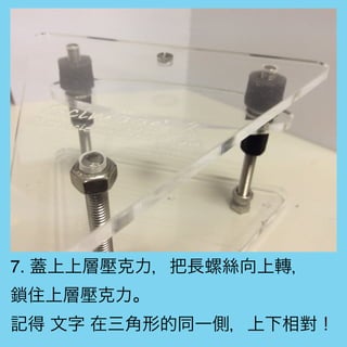 7. 蓋上上層壓克力，把長螺絲向上轉，
鎖住上層壓克力。
記得 文字 在三角形的同一側，上下相對！
 