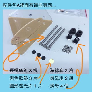 配件包A裡面有 些東西...
長螺絲釘 3 根
黑色軟 3 片
圓形遮光片 1 片
海綿套 2 塊
螺母組 2 組
螺母 4 個
 