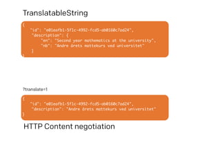 TranslatableString
{
"id": "e01eafb1-5f1c-4992-fcd5-ab0160c7ad24",
"description": {
"en": "Second year mathematics at the university",
"nb": "Andre årets mattekurs ved universitet"
}
}
{
"id": "e01eafb1-5f1c-4992-fcd5-ab0160c7ad24",
"description": "Andre årets mattekurs ved universitet"
}
HTTP Content negotiation
?translate=1
 