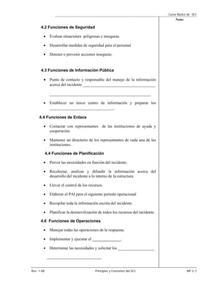 Curso Básico de SCI
                                                                                       Notas

      4.2 Funciones de Seguridad

        •     Evaluar situaciones peligrosas e inseguras.

        •     Desarrollar medidas de seguridad para el personal

        •     Detener o prevenir acciones inseguras.


      4.3 Funciones de Información Pública

        • Punto de contacto y responsable del manejo de la información
          acerca del incidente _________________________________

              ______________________________________________

        •     Establecer un único centro de información y preparar los
              _____________________________.

     4.4 Funciones de Enlace

        •     Contactar con representantes de las instituciones de ayuda y
              cooperación.

        •     Mantener un directorio de los representantes de cada una de las
              instituciones.

            4.4 Funciones de Planificación

        •     Prever las necesidades en función del incidente.

        •     Recolectar, analizar y difundir la información acerca del
              desarrollo del incidente a lo interno de la estructura.

        •     Llevar el control de los recursos.

        •     Elaborar el PAI para el siguiente periodo operacional

        •     Recopilar toda la información escrita del incidente.

        •     Planificar la desmovilización de todos los recursos del incidente.

      4.6 Funciones de Operaciones

        •     Manejar todas las operaciones de la respuesta.

        •     Implementar y ejecutar el ______________.

        •     Determinar las necesidades y solicitar los __________________

             ___________________________


Rev. 1-08                                  Principios y Funciones del SCI                      MP 2–7
 