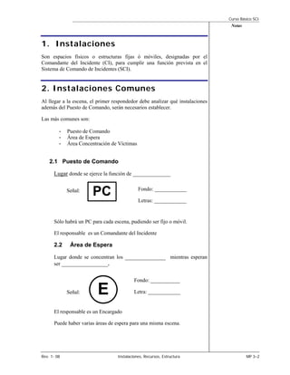 Curso Básico SCI
                                                                                Notas



1. Instalaciones
Son espacios físicos o estructuras fijas ó móviles, designadas por el
Comandante del Incidente (CI), para cumplir una función prevista en el
Sistema de Comando de Incidentes (SCI).


2. Instalaciones Comunes
Al llegar a la escena, el primer respondedor debe analizar qué instalaciones
además del Puesto de Comando, serán necesarios establecer.

Las más comunes son:

         -   Puesto de Comando
         -   Área de Espera
         -   Área Concentración de Víctimas


    2.1 Puesto de Comando

      Lugar donde se ejerce la función de _____________

             Señal:
                       PC                     Fondo: ____________

                                              Letras: ____________


      Sólo habrá un PC para cada escena, pudiendo ser fijo o móvil.

      El responsable es un Comandante del Incidente

      2.2     Área de Espera

      Lugar donde se concentran los ______________ mientras esperan
      ser ________________.


                                            Fondo: ___________

             Señal:       E                 Letra: ____________


      El responsable es un Encargado

      Puede haber varias áreas de espera para una misma escena.




Rev. 1- 08                         Instalaciones, Recursos, Estructura                  MP 3–2
 