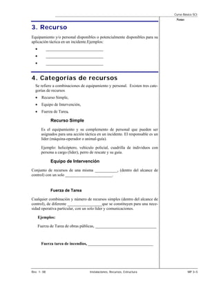 Curso Básico SCI
                                                                                  Notas

3. Recurso
Equipamiento y/o personal disponibles o potencialmente disponibles para su
aplicación táctica en un incidente.Ejemplos:
  •          __________________________
  •          __________________________
  •          __________________________


4. Categorías de recursos
  Se refiere a combinaciones de equipamiento y personal. Existen tres cate-
  gorías de recursos
  •     Recurso Simple,
  •     Equipo de Intervención,
  •     Fuerza de Tarea.

               Recurso Simple
       Es el equipamiento y su complemento de personal que pueden ser
       asignados para una acción táctica en un incidente. El responsable es un
       líder (máquina-operador o animal-guía).

       Ejemplo: helicóptero, vehículo policial, cuadrilla de individuos con
       persona a cargo (líder), perro de rescate y su guía.

               Equipo de Intervención
Conjunto de recursos de una misma ___________, (dentro del alcance de
control) con un solo _______________________.


               Fuerza de Tarea

Cualquier combinación y número de recursos simples (dentro del alcance de
control), de diferente _________________que se constituyen para una nece-
sidad operativa particular, con un solo líder y comunicaciones.

      Ejemplos:

      Fuerza de Tarea de obras públicas, ______________________________



       Fuerza tarea de incendios, ________________________________




Rev. 1- 08                          Instalaciones, Recursos, Estructura                   MP 3–5
 