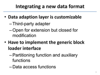 Integrating a new data format
• Data adaption layer is customizable
  – Third-party adapter
  – Open for extension but clo...