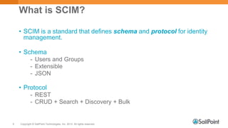 Copyright © SailPoint Technologies, Inc. 2013 All rights reserved.5
What is SCIM?
• SCIM is a standard that defines schema...