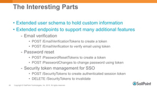 Copyright © SailPoint Technologies, Inc. 2015 All rights reserved.24
The Interesting Parts
• Extended user schema to hold custom information
• Extended endpoints to support many additional features
- Email verification
• POST /EmailVerificationTokens to create a token
• POST /EmailVerification to verify email using token
- Password reset
• POST /PasswordResetTokens to create a token
• POST /PasswordChanges to change password using token
- Security token management for SSO
• POST /SecurityTokens to create authenticated session token
• DELETE /SecurityTokens to invalidate
 