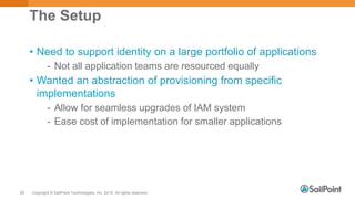 Copyright © SailPoint Technologies, Inc. 2015 All rights reserved.28
The Setup
• Need to support identity on a large portfolio of applications
- Not all application teams are resourced equally
• Wanted an abstraction of provisioning from specific
implementations
- Allow for seamless upgrades of IAM system
- Ease cost of implementation for smaller applications
 