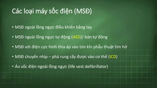 Các loại máy sốc điện (MSĐ)
• MSĐ ngoài lồng ngực điều khiển bằng tay
• MSĐ ngoài lồng ngực tự động (AED)/ bán tự động
• MSĐ với điện cực hình thìa áp vào tim khi phẫu thuật tim hở
• MSĐ chuyển nhịp – phá rung cấy được vào cơ thể (ICD)
• Áo sốc điện ngoài lồng ngực (life vest defibrillator)
 