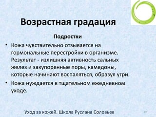 Как определить тип кожи?
Жирная
• Жирная кожа - результат чрезмерной активности сальных желез.
Чаще присуща смуглому типу людей.
• Ее признаки: расширенные поры, маслянистый блеск и зачастую
наличие камедонов и угрей. Дольше сохраняет эластичность, более
толстая, медленнее стареет.
• С возрастом салоотделение нормализуется.
• Важно помнить, что попытки очистить лицо от жира приведут к
более активному его выделению. Необходимо удалять лишь
избыток образующегося жира.
• Летом можно пользоваться средствами для жирной кожи, а зимой -
средствами для сухой кожи.
19Уход за кожей. Школа Руслана Соловьев
 