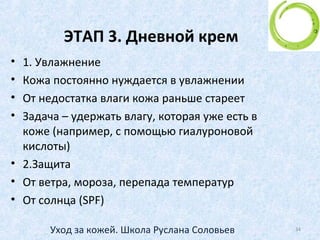 • Все, что делаем
с лицом –
делаем строго
по массажным
линиям!
34Уход за кожей. Школа Руслана Соловьев
 