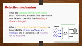 When the radiation interact with silicon
crystal they excite elelctron from the valence
band into the condution band creating a
eletron – hole pair.
When a reverse bias potential is applied to
the crystal,the eletrons and holes are
separated and a charge pulse of electrons
can be measured
Detection mechanism
 