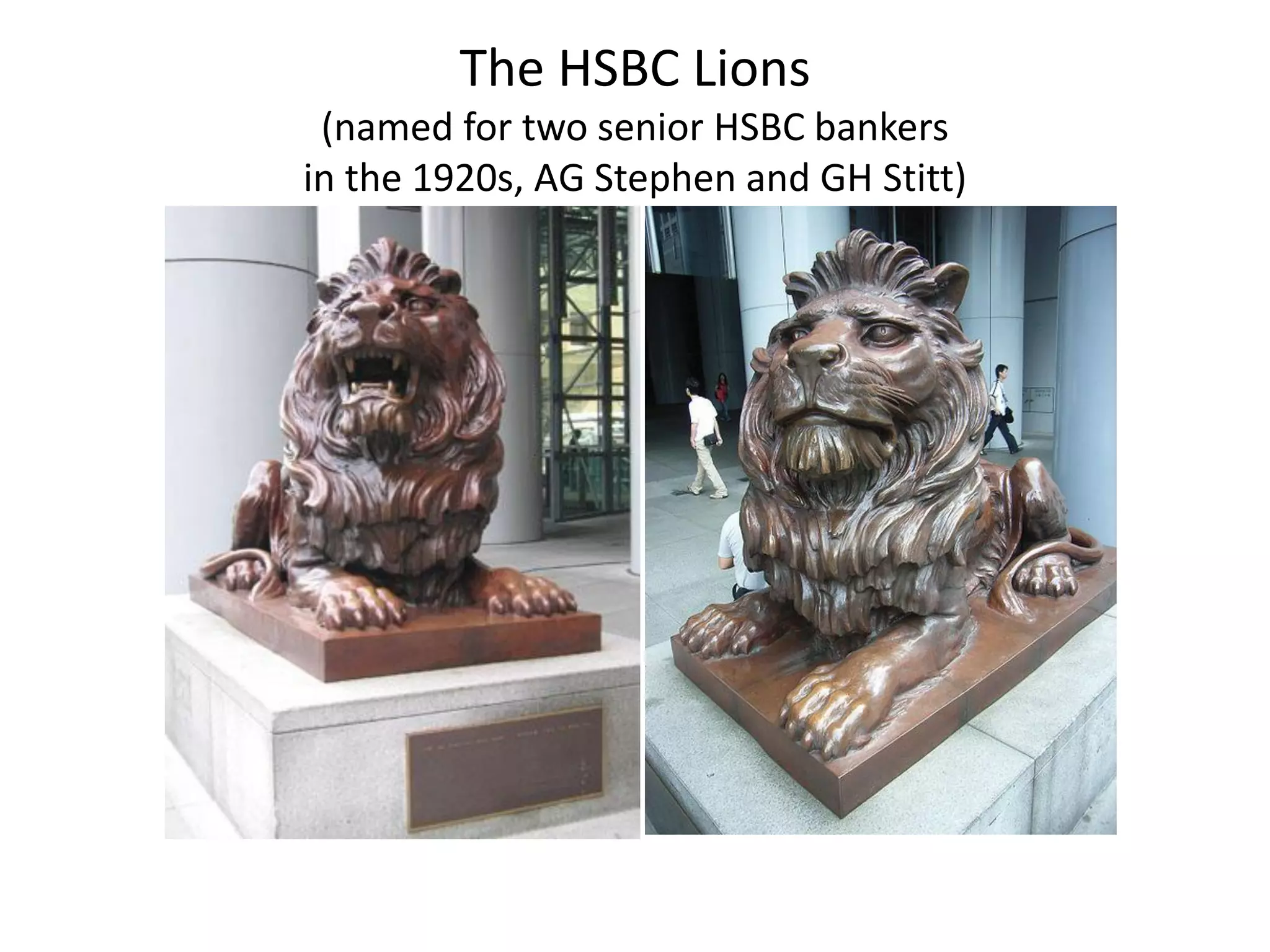 The HSBC Lions
 (named for two senior HSBC bankers
in the 1920s, AG Stephen and GH Stitt)
 