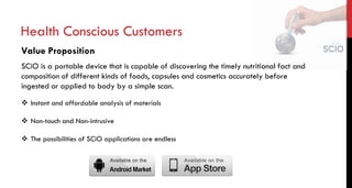 Value Proposition
SCiO is a portable device that is capable of discovering the timely nutritional fact and
composition of different kinds of foods, capsules and cosmetics accurately before
ingested or applied to body by a simple scan.
 Instant and affordable analysis of materials
 Non-touch and Non-intrusive
 The possibilities of SCiO applications are endless
Health Conscious Customers
 