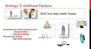 SCiO Your Daily Health Tracker
Strategy 2: Additional Features
-Comprehensive health tracking function:
Network Effect
Standard Setting
-Personal data storage:
High Switching Cost
 