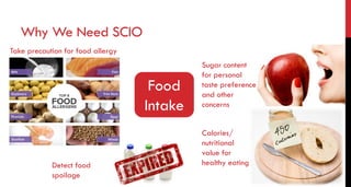Why We Need SCIO
Food
Intake
Sugar content
for personal
taste preference
and other
concerns
Calories/
nutritional
value for
healthy eating
Take precaution for food allergy
Detect food
spoilage
 