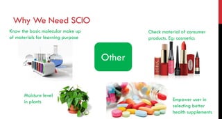 Why We Need SCIO
Other
Know the basic molecular make up
of materials for learning purpose
Check material of consumer
products. Eg: cosmetics
Empower user in
selecting better
health supplements
Moisture level
in plants
 