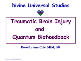 Divine Universal Studies


           Traumatic Brain Injury
                   and
           Quantum Biofeedback
                                Dorothy Ann Cole, MEd, DD


© Divine Universal Studies, 2005-13
 