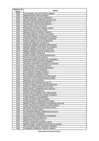 Número de
                                             Nome
  Sócio
  4292      GUILHERME AUGUSTO MOTA ARRAIS
  4293      ANDRÉ FILIPE SANTOS PINHO
  4294      FÁBIO EMANUEL JESUS FERREIRA
  4295      NELSON DANIEL MARTINS GONÇALVES
  4296      FILIPE JOSÉ VIEIRA DOS SANTOS
  4297      RUI MIGUEL ROCHA NASCIMENTO
  4298      ANA LUCIA RUELA DA SILVA
  4299      EVARISTO TAVARES NUNES CLARO
  4300      ANA PATRICIA JESUS CLARO
  4301      BRUNA ELISETE OSÓRIO TORRES
  4302      ANTÓNIO MIGUEL DUARTE TAVARES
  4303      SUSANA RAQUEL MAGALHÃES TEIXEIRA
  4304      CARLOS ALVARO CATARINO VENANCIO
  4305      PAULO VIRGILIO DA SILVA MIGUEIS
  4306      JOÃO ANTÓNIO SILVA SANTOS
  4307      NARCISO AMARO CARDOSO ASSUNÇÃO
  4308      MAURO VERDE CAPELEIRO DE ALMEIDA
  4309      PEDRO EMANUEL DA CRUZ SANTOS
  4310      MÁRIO ANDRÉ ALMEIDA GONÇALVES
  4311      ANDRÉ VERDE TRINDADE
  4312      JOSÉ ANTÓNIO OLIVEIRA RODRIGUES
  4313      FILIPE DOS SANTOS FONTES
  4315      ANA MARGARIDA GONÇALVES FERREIRA
  4316      ANDREIA FILIPA BASTOS FERREIRA
  4317      RICARDO ANTÓNIO FIGUEIREDO ALMEIDA
  4318      JOSÉ MANUEL FERREIRA MATOS
  4320      FÁBIO DANIEL NOGUEIRA MARQUES
  4322      RICARDO DA SILVA BARROS
  4323      ELISA MARIA ESTRELA SENOS
  4324      LUIS MANUEL PEREIRA VEIGA
  4325      RUI PEDRO MONTEIRO DA CONCEIÇÃO
  4326      DUARTE FILIPE TEIXEIRA MAGALHÃES
  4327      ADELINO JESUS SOEIRO
  4328      JOSÉ MATEUS RIBEIRO DA SILVA
  4329      CARLOS MANUEL DOS REIS RODRIGUES
  4330      CARLOS JOSÉ CARREIRA DOS REIS
  4331      ANA RAQUEL CARREIRA DOS SANTOS
  4332      DANIEL ALMEIDA MATOS
  4333      JOSÉ CARLOS SIMÕES DA CONCEIÇÃO
  4334      CELESTE ADRIANA DA CUNHA TAVARES
  4335      JOÃO PEDRO ALVES RIBEIRO
  4336      CARLOS PEDRO BRITO GOMES
  4337      JOÃO EMANUEL GÂNDARA PATARRA
  4338      MARIA CLARA RODRIGUES FIGUEIREDO COELHO
  4343      JOÃO VENCESLAU RAMOS OLIVEIRA PINTO
  4344      ANTÓNIO RODRIGUES OLIVEIRA COSTA
  4345      FILIPE DE SOUSA PIRES
  4346      ALEXANDRE MANUEL BARBOSA DA SILVA
  4347      HUGO ROCHA FERREIRA
  4348      DAVID MANUEL FERREIRA FERNANDES
  4349      RAFAEL CARDOSO SANTOS
  4350      MARK PHILLIP NETO VALE
  4351      CAMILO ANTÓNIO SOARES LOPES
  4352      MARIA ISABEL SOARES NOGUEIRA DE LEMOS
  4353      SILVIA MARIA CRUZ TRINDADE PEREIRA
  4354      LAURINDO FERREIRA TERESO JUNIOR
                         Departamento de Gestão de Sócios
 