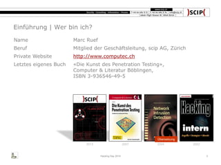 Einführung | Wer bin ich?
Name Marc Ruef
Beruf Mitglied der Geschäftsleitung, scip AG, Zürich
Private Website http://www.computec.ch
Letztes eigenes Buch «Die Kunst des Penetration Testing»,
Computer & Literatur Böblingen,
ISBN 3-936546-49-5
Übersetzung
Hacking Day 2014
2013 2007 20022004
3
 