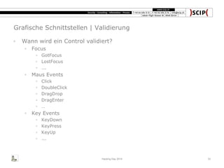 Grafische Schnittstellen | Validierung
◦ Wann wird ein Control validiert?
◦ Focus
◦ GotFocus
◦ LostFocus
◦ ...
◦ Maus Events
◦ Click
◦ DoubleClick
◦ DragDrop
◦ DragEnter
◦ …
◦ Key Events
◦ KeyDown
◦ KeyPress
◦ KeyUp
◦ ...
Hacking Day 2014 33
 