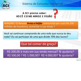 A SCI precisa saber:
VOC Ê C O ME ARROZ E FEIJÃO
Sistema de Consumo Inteligente
?
IMAGINE ! O famoso Arroz e Feijão, consumido por mais De 200
milhões de brasileiros, aumentar a sua renda ?
Você vai continuar comprando de uma rede que nunca te deu
nada? Ou vai participar de uma que divide 70% dos lucros?
Que tal comer de graça?
R$ 200,00 à mais em sua renda mensal? Te ajudaria?
R$ 500,00 ? R$ 1.000,00? R$ 4.000,00? Te ajudaria?
 