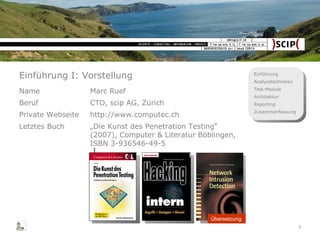 Einführung I: Vorstellung „ Die Kunst des Penetration Testing“ (2007), Computer & Literatur Böblingen, ISBN  3-936546-49-5 Letztes Buch http://www.computec.ch Private Webseite CTO, scip AG, Zürich Beruf Marc Ruef Name Übersetzung 
