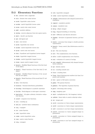 Introdu¸c˜ao ao Scilab-Vers˜ao 3.0/PSMP/DCA-UFRN 104
D.3 Elementary Functions
• abs - absolute value, magnitude
• acos - element wise cosine inverse
• acosh - hyperbolic cosine inverse
• acoshm - matrix hyperbolic inverse cosine
• acosm - matrix wise cosine inverse
• addf - symbolic addition
• adj2sp - converts adjacency form into sparse matrix.
• amell - Jacobi’s am function
• and - (&) logical and
• asin - sine inverse
• asinh - hyperbolic sine inverse
• asinhm - matrix hyperbolic inverse sine
• asinm - matrix wise sine inverse
• atan - 2-quadrant and 4-quadrant inverse tangent
• atanh - hyperbolic tangent inverse
• atanhm - matrix hyperbolic tangent inverse
• atanm - square matrix tangent inverse
• besseli - Modiﬁed Bessel functions of the ﬁrst kind
(I sub alpha).
• besselj - Bessel functions of the ﬁrst kind (J sub
alpha).
• besselk - Modiﬁed Bessel functions of the second
kind (K sub alpha).
• bessely - Bessel functions of the second kind (Y sub
alpha).
• beta - beta function
• binomial - binomial distribution probabilities
• bloc2exp - block-diagram to symbolic expression
• bloc2ss - block-diagram to state-space conversion
• bsplin3val - 3d spline arbitrary derivative evalua-
tion function
• calerf - computes error functions.
• ceil - rounding up
• cmb_lin - symbolic linear combination
• conj - conjugate
• cos - cosine function
• cosh - hyperbolic cosine
• coshm - matrix hyperbolic cosine
• cosm - matrix cosine function
• cotg - cotangent
• coth - hyperbolic cotangent
• cothm - matrix hyperbolic cotangent
• cshep2d - bidimensional cubic shepard (scattered) in-
terpolation
• cumprod - cumulative product
• cumsum - cumulative sum
• delip - elliptic integral
• diag - diagonal including or extracting
• diff - Diﬀerence and discrete derivative
• dlgamma - derivative of gammaln function, psi func-
tion
• double - conversion from integer to double precision
representation
• dsearch - binary search (aka dichotomous search in
french)
• erf - The error function.
• erfc - The complementary error function.
• erfcx - scaled complementary error function.
• eval - evaluation of a matrix of strings
• eval_cshep2d - bidimensional cubic shepard interpo-
lation evaluation
• eye - identity matrix
• fix - rounding towards zero
• floor - rounding down
• frexp - dissect ﬂoating-point numbers into base 2 ex-
ponent and mantissa
• full - sparse to full matrix conversion
• gamma - The gamma function.
• gammaln - The logarithm of gamma function.
• gsort - decreasing order sorting
• imag - imaginary part
• imult - multiplication by i the imaginary unitary
• ind2sub - linear index to matrix subscript values
• int - integer part
• int16 - conversion to 2 bytes integer representation
• int32 - conversion to 4 bytes integer representation
• int8 - conversion to one byte integer representation
• uint16 - conversion to 2 bytes unsigned integer re-
presentation
• uint32 - conversion to 4 bytes unsigned integer re-
presentation
• uint8 - conversion to one byte unsigned integer re-
presentation
 