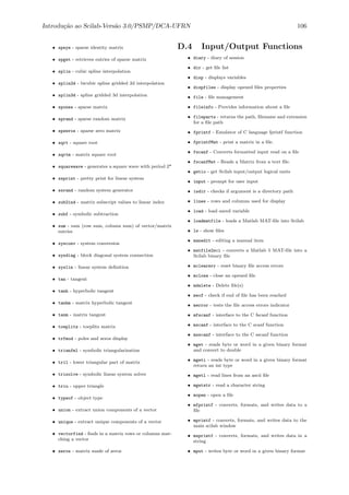 Introdu¸c˜ao ao Scilab-Vers˜ao 3.0/PSMP/DCA-UFRN 106
• speye - sparse identity matrix
• spget - retrieves entries of sparse matrix
• splin - cubic spline interpolation
• splin2d - bicubic spline gridded 2d interpolation
• splin3d - spline gridded 3d interpolation
• spones - sparse matrix
• sprand - sparse random matrix
• spzeros - sparse zero matrix
• sqrt - square root
• sqrtm - matrix square root
• squarewave - generates a square wave with period 2*
• ssprint - pretty print for linear system
• ssrand - random system generator
• sub2ind - matrix subscript values to linear index
• subf - symbolic subtraction
• sum - sum (row sum, column sum) of vector/matrix
entries
• sysconv - system conversion
• sysdiag - block diagonal system connection
• syslin - linear system deﬁnition
• tan - tangent
• tanh - hyperbolic tangent
• tanhm - matrix hyperbolic tangent
• tanm - matrix tangent
• toeplitz - toeplitz matrix
• trfmod - poles and zeros display
• trianfml - symbolic triangularization
• tril - lower triangular part of matrix
• trisolve - symbolic linear system solver
• triu - upper triangle
• typeof - object type
• union - extract union components of a vector
• unique - extract unique components of a vector
• vectorfind - ﬁnds in a matrix rows or columns mat-
ching a vector
• zeros - matrix made of zeros
D.4 Input/Output Functions
• diary - diary of session
• dir - get ﬁle list
• disp - displays variables
• dispfiles - display opened ﬁles properties
• file - ﬁle management
• fileinfo - Provides information about a ﬁle
• fileparts - returns the path, ﬁlename and extension
for a ﬁle path
• fprintf - Emulator of C language fprintf function
• fprintfMat - print a matrix in a ﬁle.
• fscanf - Converts formatted input read on a ﬁle
• fscanfMat - Reads a Matrix from a text ﬁle.
• getio - get Scilab input/output logical units
• input - prompt for user input
• isdir - checks if argument is a directory path
• lines - rows and columns used for display
• load - load saved variable
• loadmatfile - loads a Matlab MAT-ﬁle into Scilab
• ls - show ﬁles
• manedit - editing a manual item
• matfile2sci - converts a Matlab 5 MAT-ﬁle into a
Scilab binary ﬁle
• mclearerr - reset binary ﬁle access errors
• mclose - close an opened ﬁle
• mdelete - Delete ﬁle(s)
• meof - check if end of ﬁle has been reached
• merror - tests the ﬁle access errors indicator
• mfscanf - interface to the C fscanf function
• mscanf - interface to the C scanf function
• msscanf - interface to the C sscanf function
• mget - reads byte or word in a given binary format
and convert to double
• mgeti - reads byte or word in a given binary format
return an int type
• mgetl - read lines from an ascii ﬁle
• mgetstr - read a character string
• mopen - open a ﬁle
• mfprintf - converts, formats, and writes data to a
ﬁle
• mprintf - converts, formats, and writes data to the
main scilab window
• msprintf - converts, formats, and writes data in a
string
• mput - writes byte or word in a given binary format
 