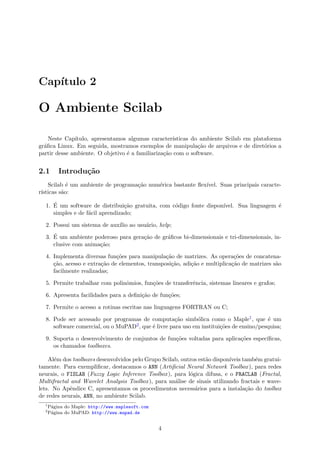 Cap´ıtulo 2
O Ambiente Scilab
Neste Cap´ıtulo, apresentamos algumas caracter´ısticas do ambiente Scilab em plataforma
gr´aﬁca Linux. Em seguida, mostramos exemplos de manipula¸c˜ao de arquivos e de diret´orios a
partir desse ambiente. O objetivo ´e a familiariza¸c˜ao com o software.
2.1 Introdu¸c˜ao
Scilab ´e um ambiente de programa¸c˜ao num´erica bastante ﬂex´ıvel. Suas principais caracte-
r´ısticas s˜ao:
1. ´E um software de distribui¸c˜ao gratuita, com c´odigo fonte dispon´ıvel. Sua linguagem ´e
simples e de f´acil aprendizado;
2. Possui um sistema de aux´ılio ao usu´ario, help;
3. ´E um ambiente poderoso para gera¸c˜ao de gr´aﬁcos bi-dimensionais e tri-dimensionais, in-
clusive com anima¸c˜ao;
4. Implementa diversas fun¸c˜oes para manipula¸c˜ao de matrizes. As opera¸c˜oes de concatena-
¸c˜ao, acesso e extra¸c˜ao de elementos, transposi¸c˜ao, adi¸c˜ao e multiplica¸c˜ao de matrizes s˜ao
facilmente realizadas;
5. Permite trabalhar com polinˆomios, fun¸c˜oes de transferˆencia, sistemas lineares e grafos;
6. Apresenta facilidades para a deﬁni¸c˜ao de fun¸c˜oes;
7. Permite o acesso a rotinas escritas nas linguagens FORTRAN ou C;
8. Pode ser acessado por programas de computa¸c˜ao simb´olica como o Maple1, que ´e um
software comercial, ou o MuPAD2, que ´e livre para uso em institui¸c˜oes de ensino/pesquisa;
9. Suporta o desenvolvimento de conjuntos de fun¸c˜oes voltadas para aplica¸c˜oes espec´ıﬁcas,
os chamados toolboxes.
Al´em dos toolboxes desenvolvidos pelo Grupo Scilab, outros est˜ao dispon´ıveis tamb´em gratui-
tamente. Para exempliﬁcar, destacamos o ANN (Artiﬁcial Neural Network Toolbox), para redes
neurais, o FISLAB (Fuzzy Logic Inference Toolbox), para l´ogica difusa, e o FRACLAB (Fractal,
Multifractal and Wavelet Analysis Toolbox), para an´alise de sinais utilizando fractais e wave-
lets. No Apˆendice C, apresentamos os procedimentos necess´arios para a instala¸c˜ao do toolbox
de redes neurais, ANN, no ambiente Scilab.
1
P´agina do Maple: http://www.maplesoft.com
2
P´agina do MuPAD: http://www.mupad.de
4
 