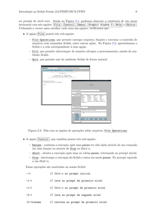 Introdu¸c˜ao ao Scilab-Vers˜ao 3.0/PSMP/DCA-UFRN 6
ou prompt de n´ıvel zero. Ainda na Figura 2.1, podemos observar a existˆencia de um menu
horizontal com seis op¸c˜oes: File , Control , Demos , Graphic Window 0 , Help e Editor .
Utilizando o mouse para escolher cada uma das op¸c˜oes, veriﬁcamos que:
• A op¸c˜ao File possui trˆes sub-op¸c˜oes:
– File Operations, que permite carregar arquivos, fun¸c˜oes e executar o conte´udo de
arquivos com comandos Scilab, entre outras a¸c˜oes. Na Figura 2.2, apresentamos o
Scilab e a tela correspondente `a essa op¸c˜ao.
– Kill, que permite interromper de maneira abrupta o processamento, saindo do am-
biente Scilab.
– Quit, que permite sair do ambiente Scilab de forma natural.
Figura 2.2: Tela com as op¸c˜oes de opera¸c˜oes sobre arquivos, File Operations.
• A op¸c˜ao Control , que tamb´em possui trˆes sub-op¸c˜oes:
– Resume - continua a execu¸c˜ao ap´os uma pause ter sido dada atrav´es de um comando
em uma fun¸c˜ao ou atrav´es de Stop ou Ctrl-c.
– Abort - aborta a execu¸c˜ao ap´os uma ou v´arias pause, retornando ao prompt inicial.
– Stop - interrompe a execu¸c˜ao do Scilab e entra em modo pause. No prompt, equivale
a um Ctrl-c.
Essas opera¸c˜oes s˜ao mostradas na sess˜ao Scilab:
--> // Ctrl-c no prompt inicial
-1-> // leva ao prompt de primeiro nivel
-1-> // Ctrl-c no prompt de primeiro nivel
-2-> // leva ao prompt de segundo nivel
-2->resume // retorna ao prompt de primeiro nivel
 