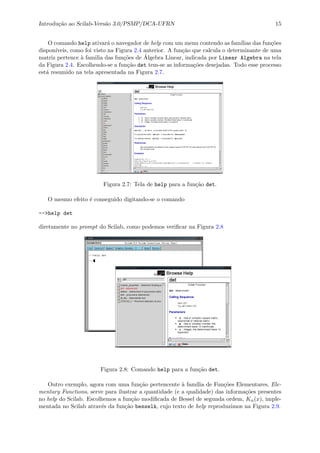 Introdu¸c˜ao ao Scilab-Vers˜ao 3.0/PSMP/DCA-UFRN 15
O comando help ativar´a o navegador de help com um menu contendo as fam´ılias das fun¸c˜oes
dispon´ıveis, como foi visto na Figura 2.4 anterior. A fun¸c˜ao que calcula o determinante de uma
matriz pertence `a familia das fun¸c˜oes de ´Algebra Linear, indicada por Linear Algebra na tela
da Figura 2.4. Escolhendo-se a fun¸c˜ao det tem-se as informa¸c˜oes desejadas. Todo esse processo
est´a resumido na tela apresentada na Figura 2.7.
Figura 2.7: Tela de help para a fun¸c˜ao det.
O mesmo efeito ´e conseguido digitando-se o comando
-->help det
diretamente no prompt do Scilab, como podemos veriﬁcar na Figura 2.8
Figura 2.8: Comando help para a fun¸c˜ao det.
Outro exemplo, agora com uma fun¸c˜ao pertencente `a fam´ılia de Fun¸c˜oes Elementares, Ele-
mentary Functions, serve para ilustrar a quantidade (e a qualidade) das informa¸c˜oes presentes
no help do Scilab. Escolhemos a fun¸c˜ao modiﬁcada de Bessel de segunda ordem, Kα(x), imple-
mentada no Scilab atrav´es da fun¸c˜ao besselk, cujo texto de help reproduzimos na Figura 2.9.
 