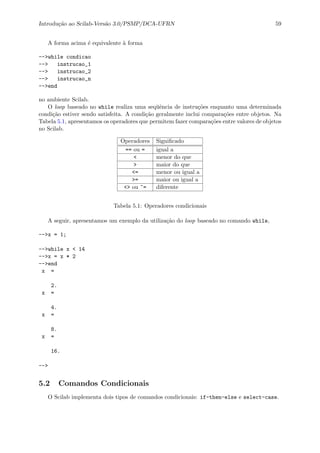 Introdu¸c˜ao ao Scilab-Vers˜ao 3.0/PSMP/DCA-UFRN 59
A forma acima ´e equivalente `a forma
-->while condicao
--> instrucao_1
--> instrucao_2
--> instrucao_n
-->end
no ambiente Scilab.
O loop baseado no while realiza uma seq¨uˆencia de instru¸c˜oes enquanto uma determinada
condi¸c˜ao estiver sendo satisfeita. A condi¸c˜ao geralmente inclui compara¸c˜oes entre objetos. Na
Tabela 5.1, apresentamos os operadores que permitem fazer compara¸c˜oes entre valores de objetos
no Scilab.
Operadores Signiﬁcado
== ou = igual a
< menor do que
> maior do que
<= menor ou igual a
>= maior ou igual a
<> ou ~= diferente
Tabela 5.1: Operadores condicionais
A seguir, apresentamos um exemplo da utiliza¸c˜ao do loop baseado no comando while,
-->x = 1;
-->while x < 14
-->x = x * 2
-->end
x =
2.
x =
4.
x =
8.
x =
16.
-->
5.2 Comandos Condicionais
O Scilab implementa dois tipos de comandos condicionais: if-then-else e select-case.
 