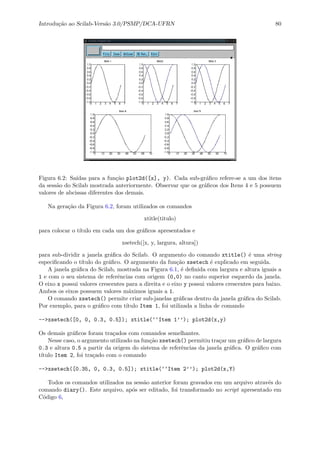 Introdu¸c˜ao ao Scilab-Vers˜ao 3.0/PSMP/DCA-UFRN 80
Figura 6.2: Sa´ıdas para a fun¸c˜ao plot2d([x], y). Cada sub-gr´aﬁco refere-se a um dos itens
da sess˜ao do Scilab mostrada anteriormente. Observar que os gr´aﬁcos dos Itens 4 e 5 possuem
valores de abcissas diferentes dos demais.
Na gera¸c˜ao da Figura 6.2, foram utilizados os comandos
xtitle(titulo)
para colocar o t´ıtulo em cada um dos gr´aﬁcos apresentados e
xsetech([x, y, largura, altura])
para sub-dividir a janela gr´aﬁca do Scilab. O argumento do comando xtitle() ´e uma string
especiﬁcando o t´ıtulo do gr´aﬁco. O argumento da fun¸c˜ao xsetech ´e explicado em seguida.
A janela gr´aﬁca do Scilab, mostrada na Figura 6.1, ´e deﬁnida com largura e altura iguais a
1 e com o seu sistema de referˆencias com origem (0,0) no canto superior esquerdo da janela.
O eixo x possui valores crescentes para a direita e o eixo y possui valores crescentes para baixo.
Ambos os eixos possuem valores m´aximos iguais a 1.
O comando xsetech() permite criar sub-janelas gr´aﬁcas dentro da janela gr´aﬁca do Scilab.
Por exemplo, para o gr´aﬁco com t´ıtulo Item 1, foi utilizada a linha de comando
-->xsetech([0, 0, 0.3, 0.5]); xtitle(‘‘Item 1’’); plot2d(x,y)
Os demais gr´aﬁcos foram tra¸cados com comandos semelhantes.
Nesse caso, o argumento utilizado na fun¸c˜ao xsetech() permitiu tra¸car um gr´aﬁco de largura
0.3 e altura 0.5 a partir da origem do sistema de referˆencias da janela gr´aﬁca. O gr´aﬁco com
t´ıtulo Item 2, foi tra¸cado com o comando
-->xsetech([0.35, 0, 0.3, 0.5]); xtitle(‘‘Item 2’’); plot2d(x,Y)
Todos os comandos utilizados na sess˜ao anterior foram gravados em um arquivo atrav´es do
comando diary(). Este arquivo, ap´os ser editado, foi transformado no script apresentado em
C´odigo 6,
 