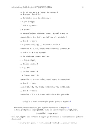 Introdu¸c˜ao ao Scilab-Vers˜ao 3.0/PSMP/DCA-UFRN 81
// Script para gerar a Figura 2 do capitulo 6
// Graficos - Scilab 3.0
// Definindo o vetor das abcissas, x
x = [0:0.1:2*%pi];
// Item 1 - y vetor
y = sin(x);
// xsetech[abcissa, ordenada, largura, altura] do grafico
xsetech([0, 0, 0.3, 0.5]); xtitle("Item 1"); plot2d(x,y)
// Item 2 - y matriz
Y = [sin(x)’ cos(x)’]; // Definindo a matriz Y
xsetech([0.35, 0, 0.3, 0.5]); xtitle("Item2"); plot2d(x,Y)
// Item 3 - x e y sao matrizes
// Definindo uma variavel auxiliar
t = [0:0.1:2*%pi];
// Criando a matriz X
X = [t’ t’];
// Criando a matriz Y
Y = [cos(t)’ sin(t)’];
xsetech([0.70, 0, 0.3, 0.5]); xtitle("Item 3"); plot2d(X,Y)
// Item 4 - y vetor
xsetech([0, 0.5, 0.5, 0.5]); xtitle("Item 4"); plot2d(sin(x))
// Item 5 - Y matriz
xsetech([0.5, 0.5, 0.5, 0.5]); xtitle("Item 5"); plot2d(Y)
C´odigo 6: O script utilizado para gerar o gr´aﬁco da Figura 6.2.
Esse script, quando executado, gera o gr´aﬁco apresentado na Figura 6.2.
A forma geral para da fun¸c˜ao plot2d() inclui um terceiro argumento, <opt_args>,
plot2d([x],y,<opt_args>)
onde <opt_args> ´e uma seq¨uˆencia de op¸c˜oes que determinam as caracter´ısticas do gr´aﬁco bi-
dimensional,
< opt args >:= opcao 1 = valor 1, opcao 2 = valor 2, . . . , opcao n = valor n
 