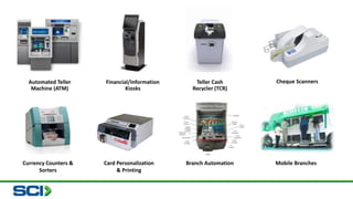 Automated Teller 
Machine (ATM) 
Financial/Information 
Kiosks 
Teller Cash 
Recycler (TCR) 
Cheque Scanners 
Currency Counters & 
Sorters 
Card Personalization 
& Printing 
Branch Automation Mobile Branches 
 