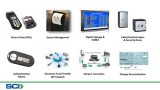 Digital Signage & 
FOREX 
Electronic Fund Transfer 
(EFT) Switch 
Cheque Truncation 
Point of Sale (POS) Queue Management 
Authentication 
Tokens 
Safes/Vaults/Lockers 
& Security Doors 
Cheque Personalization 
 