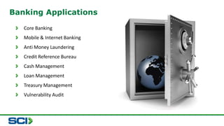 Banking Applications 
Core Banking 
Mobile & Internet Banking 
Anti Money Laundering 
Credit Reference Bureau 
Cash Management 
Loan Management 
Treasury Management 
Vulnerability Audit 
 