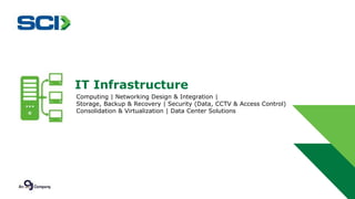 IT Infrastructure 
Computing | Networking Design & Integration | 
Storage, Backup & Recovery | Security (Data, CCTV & Access Control) 
Consolidation & Virtualization | Data Center Solutions 
 