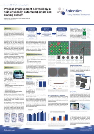 Process improvement delivered by a
high efficiency, automated single cell
cloning system
Andrea Gough*, Erika Parkinson, Ian Taylor, Solentim Limited, UK.
Andrea.Gough@solentim.com
*First author
Abstract
Single cell cloning (SCC) and associated cloning efficiency
(colony outgrowth) is currently regarded as an important
and discrete step in stable cell line development and cell
engineering. Even with improved targeted gene editing
like CRISPR/Cas9, many hundreds of single cell clones still
need to be created and analyzed.
For many laboratories, flow cytometry (FACS) or limiting
dilution (LD) is the current method of choice for single
cell deposition, however, each method has its drawbacks.
When using FACS, very high seeding efficiency results
can be achieved but often at the expense of cell survival
and growth due to the harsh treatment of the cells during
processing.WhenusingLD,thereverseisthecase;whereby
good cell survival can be achieved but at low seeding
efficiencies. These intrinsic inefficiencies often result in
a combination of the two processes being implemented
and used on a case by case basis; FACS for robust cell
lines and LD for sensitive cell lines. In addition to these
drawbacks, neither of these processes offer independent
confirmation of the single cell deposition.
In this poster, we introduce a new dedicated SCC platform
called Verified In-Situ Plate Seeding (or VIPS™), which
combines gentle single cell deposition with concurrent
in-situ image verification of the single cell in a well. VIPS
uses a proprietary process of SMART™ LD whereby the cell
droplet is imaged immediately on dispensing in the well to
confirm presence or absence of a single cell (see figure 2).
Introduction
Previous technology
developed by Solentim
successfully addressed
the issue of verifying
clonality and colony
outgrowth monitoring
in cell line development.
However, there remains
a bottleneck upstream
of this - the efficient
dispensing of single cells. The VIPS represents a unique
approach to single cell dispensing:
•	 Simple to use
•	 Gentle (low pressure) on cells therefore applicable to a
wide range of cell lines
•	 Uses statistically accepted distribution models
•	 Less labour intensive
•	 Improves seeding efficiencies
•	 Enhanced clonality report and evidence gathering
•	 Fluorescence option for validation
The VIPS™ system is a small bench top instrument that is
placed within a standard biological safety cabinet (class II)
for sterility (see figure 1) with all tubing and components
that come into contact with cells easily sterilised or
replaced. This avoids reliance on expensive proprietary
consumable supplies.
The system dispenses a single droplet into an empty well
followed by immediate imaging of the droplet. If a cell
was deposited, the well will be filled with media. If a cell
was not detected, the system will deposit another drop
to the side and image the position again (see figure 3).
The system uses a stack of images to assess the presence
of a cell and this will take place a maximum of 16 times
to effectively ‘re-use’ any empty wells and increase the
frequency of single cell wells.
Figure 2: Flow diagram representation of the VIPS workflow.
Solentim Ltd
VIPS and SMART LD are a trademarks of Solentim.
Other brands or product names are trademarks of their respective holders.
© Copyright 2018 Solentim Ltd. All rights reserved.
Results are reported in real time so that the user can see
which wells have been populated, and this achieves the
entire dispensing of a 96 well plate in approximately 10
minutes (dependent upon the cell density being used).
All together the VIPS efficiently improves the process
of clonal cell line development by combining droplet
imaging, single cell verification, outgrowth assessment
and seeding validation using FL capabilities.
Methods and materials
Five cell lines were tested for seeding and cloning
efficiency using the VIPS:
•	 2x CHOZN® pools (supplied by Millipore Sigma, St Louis,
USA)
•	 DLD-1 (adherent colon adenocarcinoma)
•	 HCT116 (adherent colorectal carcinoma)
•	 THP-1 (suspension monocyte-like cell line)
Cell lines were grown as per manufacturers instructions.
The CHOZN pools were grown in AC free conditions.
Cells were diluted to 18,000 cells/ml and seeded to 96well
plates using the VIPS. Plates were then imaged by the
CellMetric (brightfield) on days 0, 2, 7 and 10 to assess
outgrowth. HCT116, DLD-1 and THP-1 were also cloned
by limiting dilution for comparison.
Results and discussion
CHOZN pool
seeding and
outgrowth data
Seeding efficiencies for
both pools resulted in an
average of 52% of wells
containing a single cell
(see figure 4).
Clonal outgrowth for
the two pools was an
average of 75% and 62%
(see figure 5) compared
to 30-50% and 60-
70% respectively using their normal limiting dilutions
approach (results not shown).
Figure 6 displays a specific example from a plate seeded
withaCHOZNpool. 85%ofwellswereconfirmedtohavea
single cell at the time of seeding (green wells). Outgrowth
monitoring revealed 65% of these cells divided and
formed colonies with a large range in colony size after 13
days (see figure 7). All data is available to the user and can
be used to track and monitor cell growth from the moment
the cell is dispensed into a well.
SystemValidation
In addition to the brightfield ca-
pabilities to monitor colony out-
growth, the VIPS has fluorescent
imaging capability. Utilising fluo-
rescent cells the VIPS data can be
validated using the QC application
on day 0 using the whole well im-
age. In this case outgrowth is not
necessary for results saving the
user time and money.
Presented at: CCE – XVI Conference, Tampa, May 2018
DISPENSE
Small cell droplet
deposited into
empty well
Under low pressure
Continual cell agitation
96 well plate
DETECT
Image droplet
BF standard imaging
Fluorescence imaging for
qualification
CONFIRM
Image feedback loop
No cell = Repeat cell
droplet
Cell present = Media fill
Figure 1: VIPS System location in
biological safety cabinet (class II).
Figure 3: Three images captured of a well being processed by the VIPS
during a seeding run. A) An empty well before dispensing. B) The same
well with a single drop deposited – highlighted by an arrow in the image.
C) The same well after cell detection; the well is
filled with the media.
2. AFTER
DISPENSING
3. MEDIA
FILLING
1. BEFORE
DISPENSING
Figure 4: Average seeding results
obtained by dispensing two CHOZN
pools using the VIPS system into
7 x 96 well plates per pool.
Pool 1 Pool 2
0
20
40
60
Percentage%
Average Seeding Efficiency
P1 P2 P3 P4 P5 P6 P7
0
10
20
30
40
50
60
70
80
90
Percentage(%)
Cloning Efficiency Average Cloning Efficiency
P1 P2 P3 P4 P5 P6 P7
Cloning efficiency
A) CHOZN pool 1
B) CHOZN pool 2
Figure 5: Outgrowth results obtained by dispensing two CHOZN pools using
the VIPS system into 7 x 96 well plates per pool. The orange line indicates the
average cloning efficiency obtained across the seven plates for each pool.
Figure 7: Left image – well B8. Right image - well D10. Growth Rate graph
displaying the growth rate as determined using whole well confluence %.
The whole well image and the confluence readings highlight the difference
in clonal growth between single seeded cells.
Hour 2 Day 2 Day7 Day 9 Day 13
0.00
5.00
10.00
15.00
20.00
Confluence%
B8 D10
Figure 9:
Well output
verifying the
presence on of
a single cell, a
well containing
multiple cells
and a well
containing no
cells using the
fluorescence
imaging
capabilities
of the VIPS.
Figure 8: Graphical representation of the improvement achieved when
using the VIPS to seed HCT116, DLD1 and THP1 cell lines compared to
standard limiting dilution. Data is shown as number of clonal colonies
produced with VIPS and limiting dilution for each cell line and the
resulting percentage increase using VIPS over limiting dilution.
HCT116 DLD1 THP1
0
5
10
15
20
25
30
35
LD- Average # Clonal Growth VIPS - Average # Clonal Growth
Averagenumberofclonalcolonies
per96wellplate
increase in the production of clonally derived colonies
using VIPS vs limiting dilution for alternative cell lines
Figure 6: Software output
from VIPS seeding results
(left image) and whole well
imaging (right image) of
a 96 well plate at point of
seeding and at 13 days post
seeding to show colony
growth. The images captured
of well D8 are also displayed
at each time point to show
the tracking of a single cell
into a colony and how the
software can report this data.
Figure 10:
Enhanced
clonality report
displaying the
VIPS drop image
containing
evidence of
the single cell
combined with a
whole well image,
taken at day 8,
containing the
growing clone a
single or multiple
whole well images
at selected time
points can be
included in
the report.
Figure 11: A) Cell reservoir. B) Media tubing. Both made from materials
suitable for sterilisation and provided as consumables if required.
HCT116, DLD-1 andTHP-1 cell line data
Cell line development and the requirement to dispense
a single cell is required for many applications. To
demonstrate the versatility and sensitivity of the VIPS,
three additional cell lines were seeded using the VIPS and
outgrowth monitored.
For all the cell lines dispensed we saw a marked increase
in the number of clonal colonies achieved per plate with
VIPS seeding vs standard limiting dilution (see figure 8).
Enhanced Clonality Report
The VIPS system generates an enhanced clonality report
that will include the drop image containing the single cell
andsubsequentwholewellimagesofthecolonyoutgrowth
(see figure 10). This report is time and date stamped and
can be produced as a PDF or PowerPoint.
Consumables
TheVIPSsystemoffersuserstheoptiontoeliminatetheneed
for expensive proprietary consumables (see figure 11), the
only parts that come into contact with the cell culture and
media are the cell reservoir and media tubing. Both can be
sterilised and re-used if required and Solentim can provide
thesepartsasconsumables.AlternativelyCellReservoirsand
tubing can be provide as“Project Kits”and treated as single-
use disposables
The data presented here show that the VIPS improves
the cloning and outgrowth efficiency of cell lines
not just for therapeutics but potentially across many
other applications, when compared to FACS and
limiting dilution. Integrating this system into a cell line
development laboratory will provide increased output of
clonesforassessment,clonalityassuranceandsupporting
documentation.
 