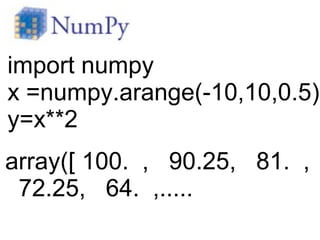 import numpy
x =numpy.arange(-10,10,0.5)
y=x**2
array([ 100. , 90.25, 81. ,
72.25, 64. ,.....

 