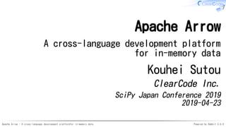 Apache Arrow - A cross-language development platformfor in-memory data Powered by Rabbit 3.0.0
Apache Arrow
A cross-language development platform
for in-memory data
Kouhei Sutou
ClearCode Inc.
SciPy Japan Conference 2019
2019-04-23
 