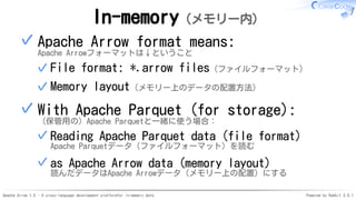 Apache Arrow 1.0 - A cross-language development platformfor in-memory data Powered by Rabbit 3.0.1
In-memory（メモリー内）
Apache Arrow format means:
Apache Arrowフォーマットは↓ということ
File format: *.arrow files（ファイルフォーマット）✓
Memory layout（メモリー上のデータの配置方法）✓
✓
With Apache Parquet (for storage):
（保管用の）Apache Parquetと一緒に使う場合：
Reading Apache Parquet data (file format)
Apache Parquetデータ（ファイルフォーマット）を読む
✓
as Apache Arrow data (memory layout)
読んだデータはApache Arrowデータ（メモリー上の配置）にする
✓
✓
 