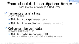Apache Arrow 1.0 - A cross-language development platformfor in-memory data Powered by Rabbit 3.0.1
When should I use Apache Arrow
いつApache Arrowを使えばよいか
In-memory analytics
メモリー内での分析
Not for storage（保管用ではない）✓
Not for transaction（トランザクション用ではない）✓
✓
Columnar layout data
カラムごとにまとまったデータ
Not for data in document DB
ドキュメント指向DBに入っているようなデータは向いていない
✓
✓
 