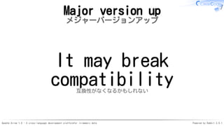Apache Arrow 1.0 - A cross-language development platformfor in-memory data Powered by Rabbit 3.0.1
Major version up
メジャーバージョンアップ
It may break
compatibility互換性がなくなるかもしれない
 